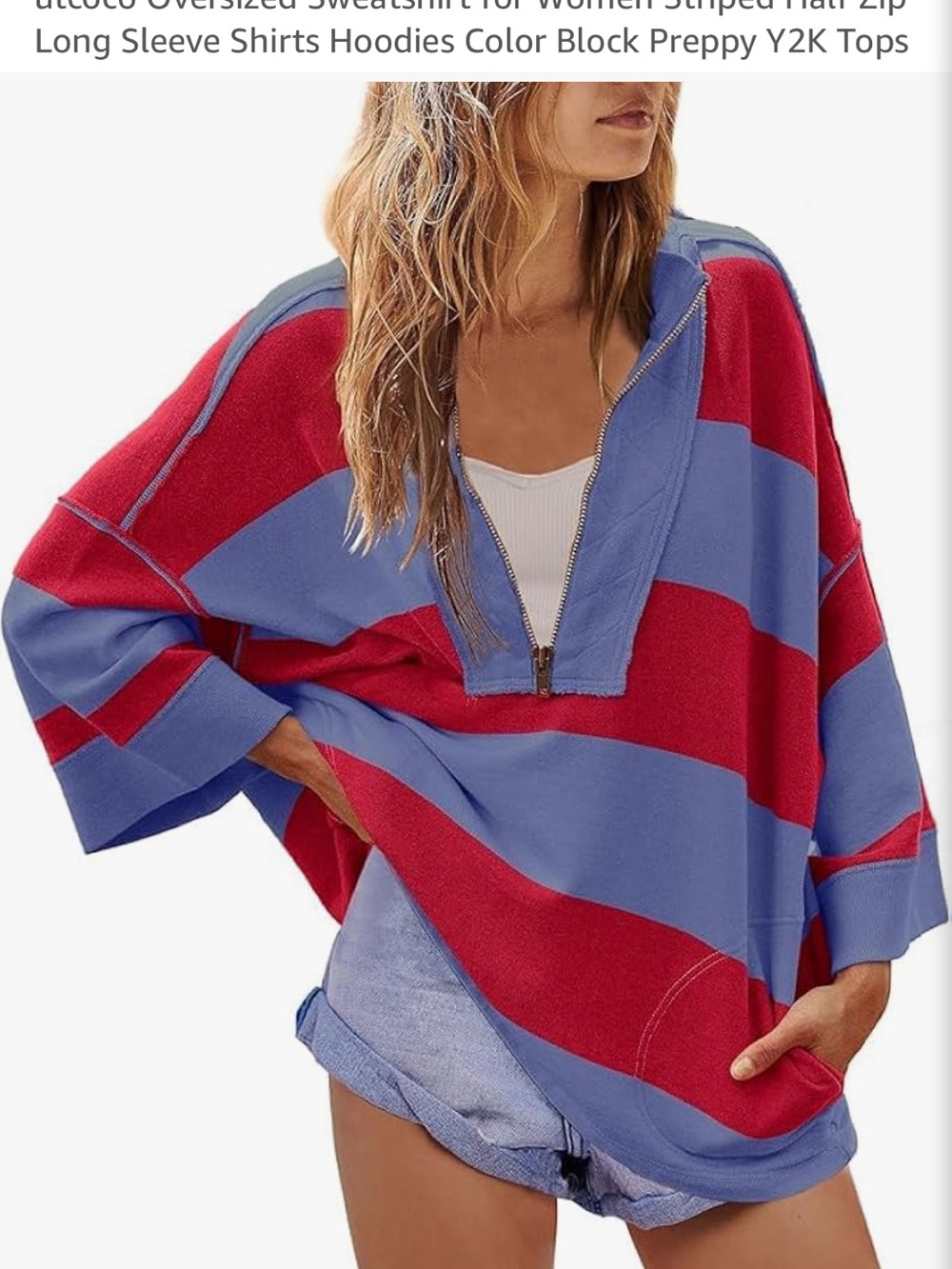 Amazon Striped Half-Zip Oversized Cover-Up in Red & Periwinkle